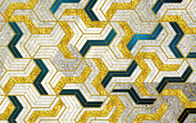 Abstract 3d Wallpaper. Seamless Pattern With Golden And Blue Black Geometric And Seamless Shapes
