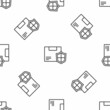 © vector_v - Grey line Delivery security with shield icon isolated seamless pattern on white background. Delivery insurance. Insured cardboard boxes beyond the shield. Vector.