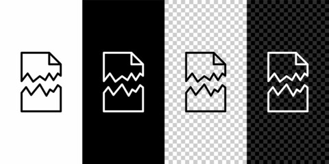 Set line Torn document icon isolated on black and white background. Vector