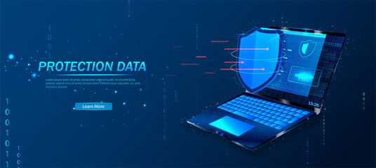 Cyber security, data protection, cyberattacks concept on blue background. Database security software development. Online security concept. Laptop protected with shield. Vector illustration