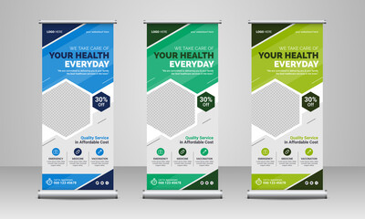Wall Mural - medical healthcare business marketing roll up or x banner template design with creative abstract bac