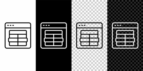 Set line MySQL code icon isolated on black and white, transparent background. HTML Code symbol for your web site design. Vector