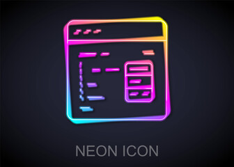 Glowing neon line Software, web developer programming code icon isolated on black background. Javascript computer script random parts of program code. Vector