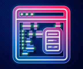 Glowing neon line Software, web developer programming code icon isolated on blue background. Javascript computer script random parts of program code. Vector