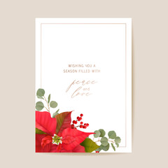 Wall Mural - Poinsettia Winter Floral Card, Christmas Vector Wedding Invitation. Holiday Party greeting banner template