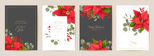Elegant Merry Christmas And New Year Cards Set With Poinsettia Realistic Flowers, Mistletoe