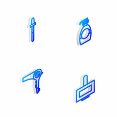 Sticker - Set Isometric line Bottle of liquid soap, Pipette, Hair dryer and Nail polish bottle icon. Vector