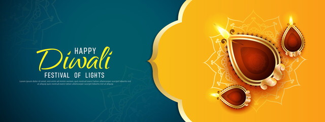 Wall Mural - Happy Diwali - festival of lights colorful banner template design with decorative diya lamp.