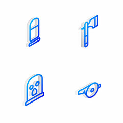 Sticker - Set Isometric line Wooden axe, Bullet, Balaclava and Whistle icon. Vector