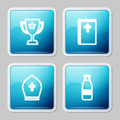 Sticker - Set line Trophy cup, Holy bible book, Pope hat and Glass bottle milk and cap icon. Vector