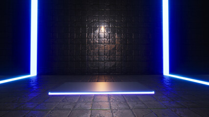 Wall Mural - Product Showcase Spotlight Background  with blue neon lights in the background On a shiny metal floor. 3D rendering