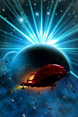 supernova, spaceship flying in space near a planet with moon