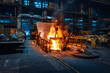 Metal cast process in blast furnace in metallurgical plant or factory. Liquid iron molten metal pouring in container, heavy industry background.