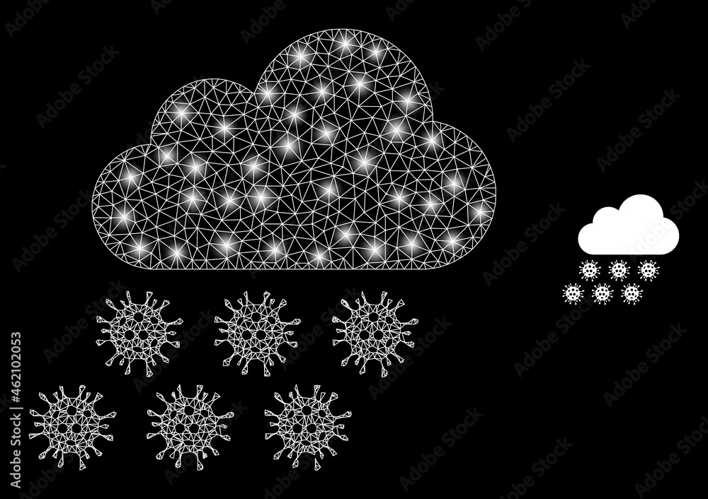 Glossy mesh vector virus rain cloud with glare effect. White mesh ...