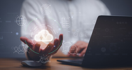 Wall Mural - man use laptop with cloud computing diagram show on hand. cloud technology. data storage. networking