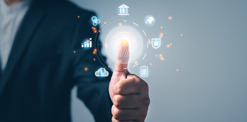 Poster - Man using thumb to scan finger print or for digital processing biometric identification to access security system includes internet banking, cloud system and mobile phone , Cyber security concept.