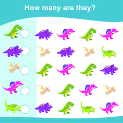  How many are they game. Dinosaurs Edition. Cute math worksheet. Educational activity for preschool kids. Vector illustration.