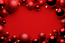 Red Christmas Ball Decoration On Red Background With Center Copy Space. 3d Rendering