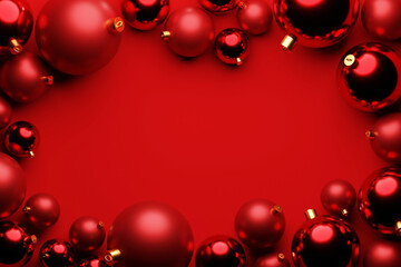 Wall Mural - Red christmas ball decoration on red background with center copy space. 3d rendering