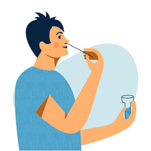 Covid nasal pcr swab rapid self test. Young boy using antigen test kit with self-administered swab. Quick antibodies exam. Teennager taking smear COVID-19 test himself. Flat vector illustration