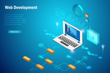 Web development concept. Software coding and programming on application in laptop computer devices with script language testing and graphical icons.