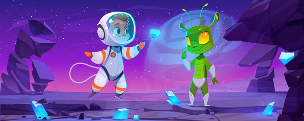 Wall Mural - cute spaceman and alien characters on planet at night. vector cartoon landscape with rocks, blue cry