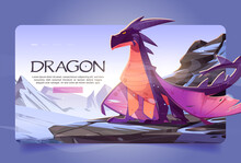 Dragon At Winter Mountains Cartoon Landing Page. Magic Character Sitting On Rock At Snowy Landscape Background. Cartoon Fantasy Character, Fairytale Game, Fantasy Movie Or Book Vector Web Banner