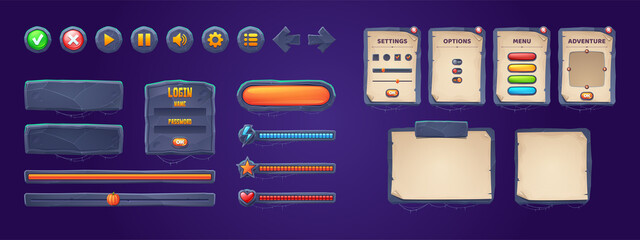 Set of game stone frames, bars, ui scrolls, boards with antique parchments and menu buttons. Cartoon interface elements, empty borders with banners, ui or gui design scales, keys, user panel settings