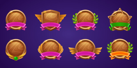 Wall Mural - Set of game level ui icons, empty wooden shields with banners, wings or star shape and laurel wreaths, isolated award frames or bonus graphic elements, reward, trophy achievement and prize for rpg