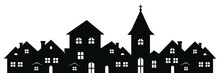 Township With Church, Black Silhouette On White Background, Vector Illustration