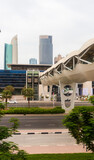 Fototapeta Londyn - Dubai, UAE - 10.04.2021 Footbridge crossing at Dubai World trade center. City