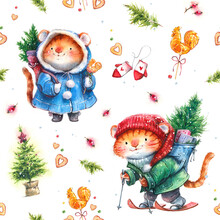 Seamless New Year Christmas Pattern With Watercolor Tiger Character, Cat With Gifts And Christmas Tree, Symbol Of 2022