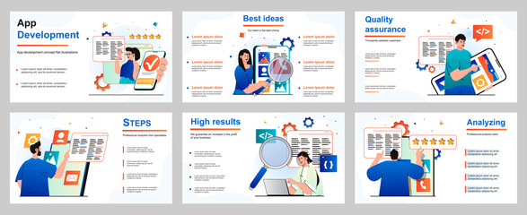  App development concept for presentation slide template. People developers generate ideas, create ui design, optimizes programs, software, mobile, application. Vector illustration for layout design