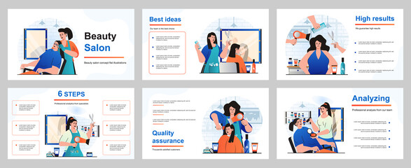 Aufkleber - Beauty salon concept for presentation slide template. Hairdresser making hair coloring, makeup, haircuts, professional cosmetic procedures in female salon. Vector illustration for layout design