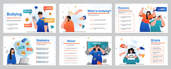 Aufkleber - Bullying concept for presentation slide template. People suffer from abuse and problems at school, work or Internet. Toxic communication, depression and stress. Vector illustration for layout design