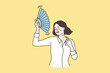 Unwell young woman feel overheated breathe fresh air wave with hand fan. Unhappy distressed girl use waver, lack conditioner or ventilation. Heatstroke, hormonal imbalance. Flat vector illustration.