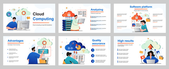 Aufkleber - Cloud computing concept for presentation slide template. People uploading files, storage data at server and processing information, using cloud technology. Vector illustration for layout design