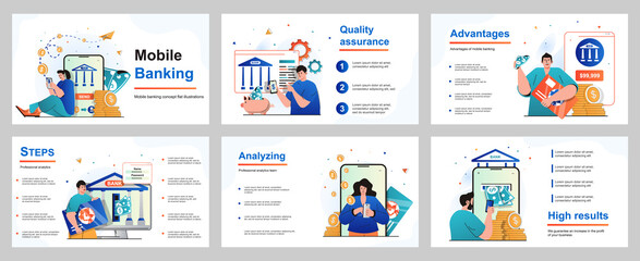 Aufkleber - Mobile banking concept for presentation slide template. People pay for purchases or bills, make financial transactions in mobile application, bank online service. Vector illustration for layout design
