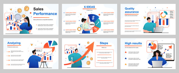 Wall Mural - Sales performance concept for presentation slide template. People analyze financial data, business analytics and income growth, work with charts and graphs. Vector illustration for layout design