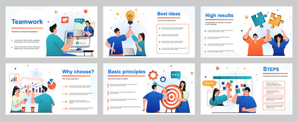 Aufkleber - Teamwork concept for presentation slide template. People work together, generate ideas, discuss tasks, analyze data, targeting, achieving goals, collaboration. Vector illustration for layout design