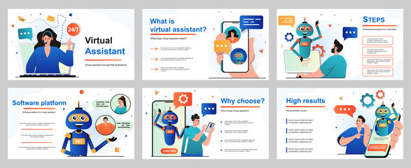 Aufkleber - Virtual assistant concept for presentation slide template. Operator advises customers who have contacted support service. Chatbot robot helps and sends messages. Vector illustration for layout design