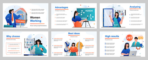 Aufkleber - Web design concept for presentation slide template. Female occupations - businesswoman, teacher, hairdresser, veterinarian, seamstress, operator call center. Vector illustration for layout design