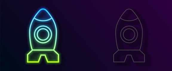 Poster - Glowing neon line Rocket ship toy icon isolated on black background. Space travel. Vector