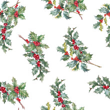 Beautiful Floral Christmas Seamless Pattern With Hand Drawn Watercolor Holly Branches. Stock 2022 Winter Illustration.