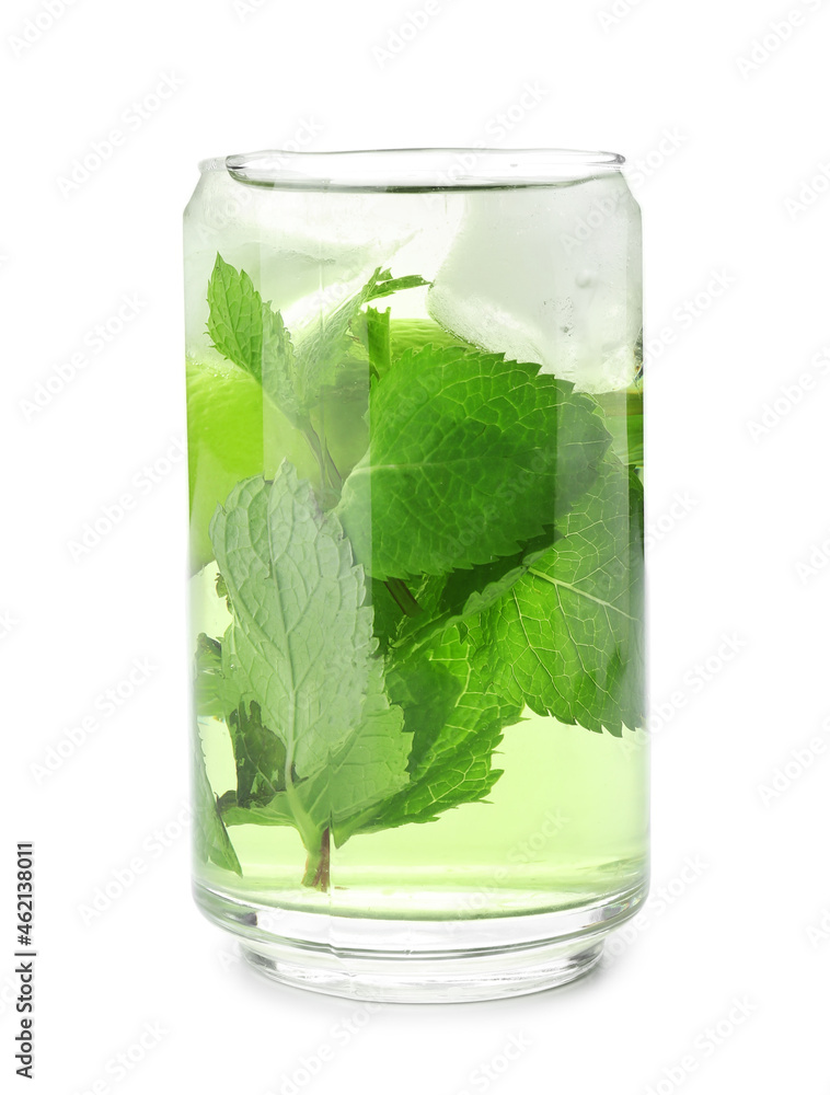 Glass of tasty mint tea on white background