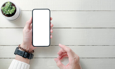Wall Mural - top view of man hands holding blank screen smartphone.