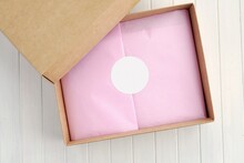 Cardboard Gift Or Product Box And Pink Package, Round Label Mockup, Circle Sticker Mock Up.