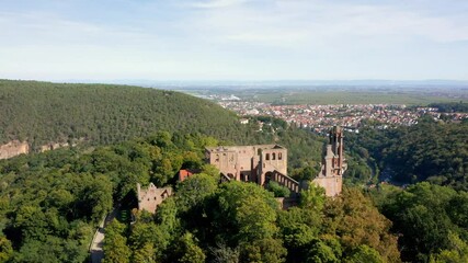 Wall Mural - Overflight in low altitude over the monastery ruin 'Kloster Limburg' on a sunny day in Bad Dürkheim, Germany. Aerial view 4k