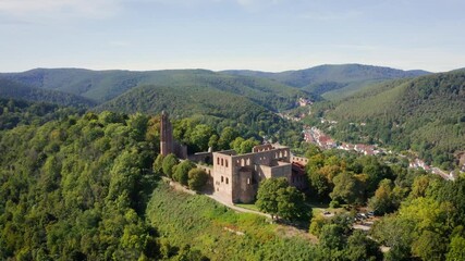 Wall Mural - Aerial flying forward view above the monastery ruin 'Kloster Limburg' on a sunny day in Bad Dürkheim, Germany