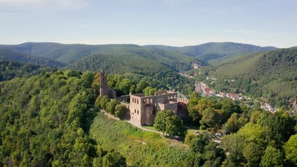 Wall Mural - Cinematic aerial view of the monastery ruin in Bad Dürkheim on a sunny day. 4k Germany